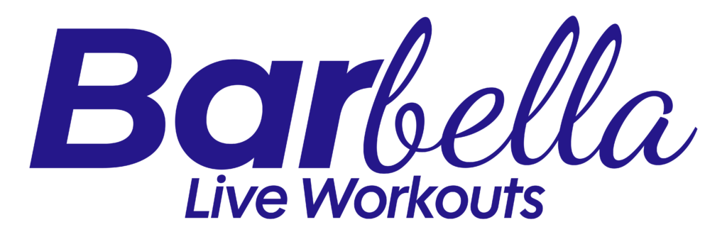 Blue text logo on a white background. The word "Barbella" is written with "Bar" in bold, modern font and "bella" in elegant, cursive script. Below, the phrase "Live Workouts" appears in a smaller, simple sans-serif font.