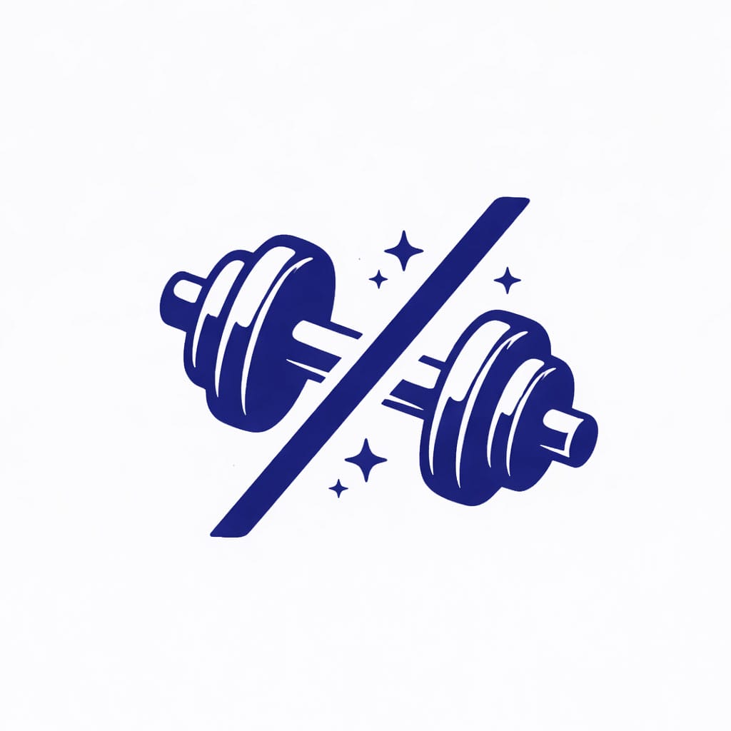 A blue dumbbell split diagonally by a bold line, with small sparkling stars around it, on a plain white background. The image suggests strength training or fitness, with the dividing line possibly symbolizing change or transformation.